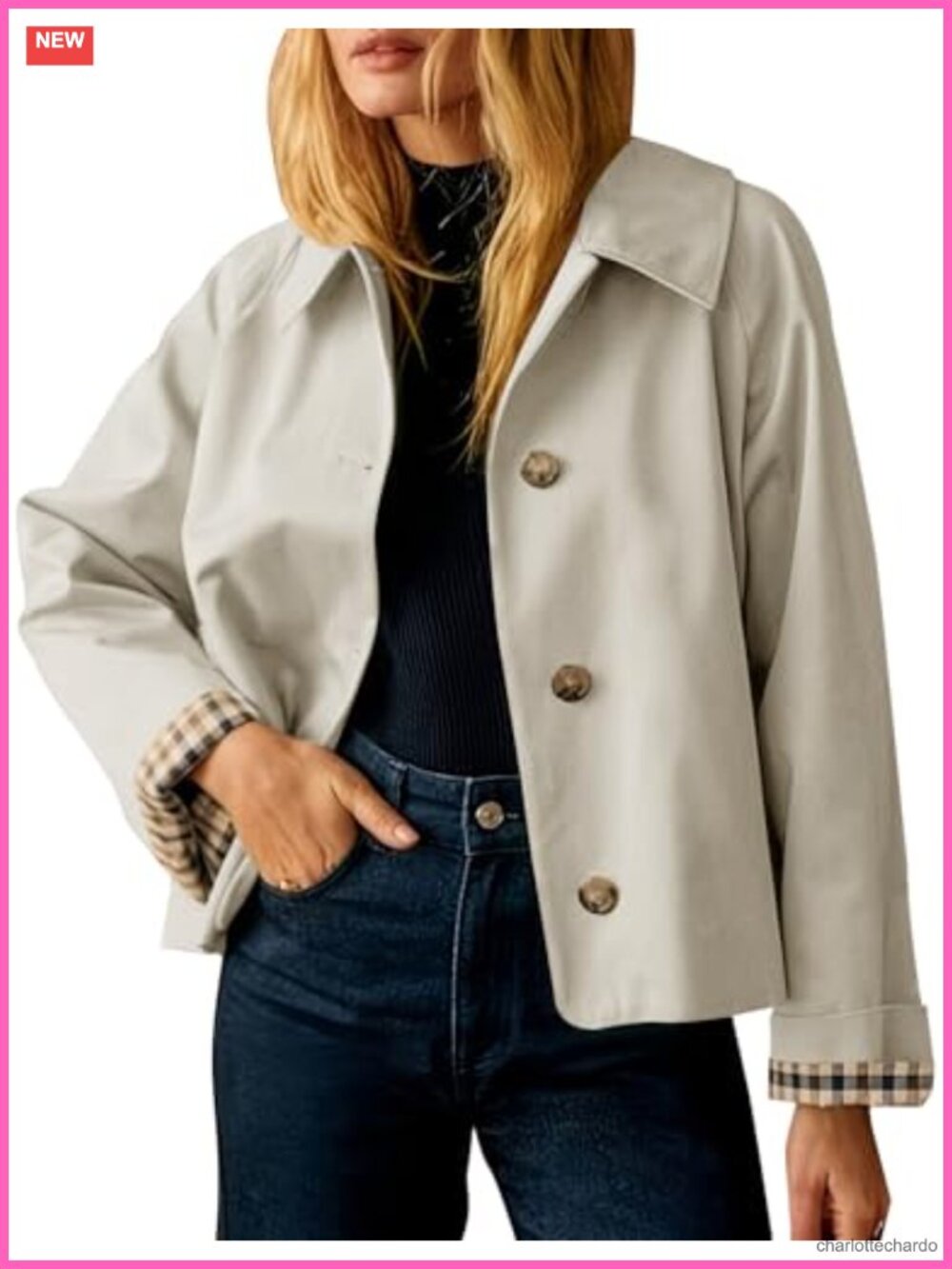 Cropped Oversized Trench Coat with Lapel & Pockets Lightweight